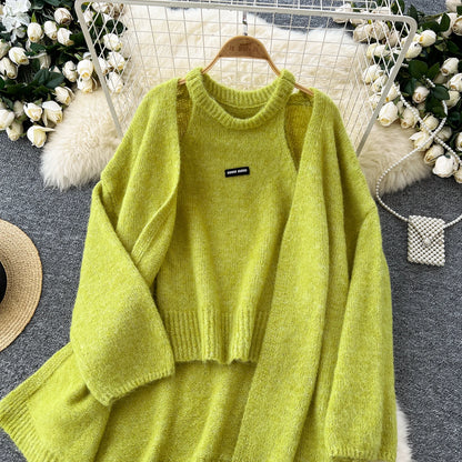 SINGREINY Fashion Solid Cashmere Sweater Long Sleeves Loose Warm Cardigan+Sleeveless Knitting Tank Top Winter Gentle Casual Tops