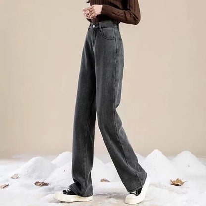 Charcoal Grey Fleece-Lined High-Waisted Versatile Bell Bottoms Jeans Women's Autumn/Winter Thickened Straight-Leg Loose-Fit Warm