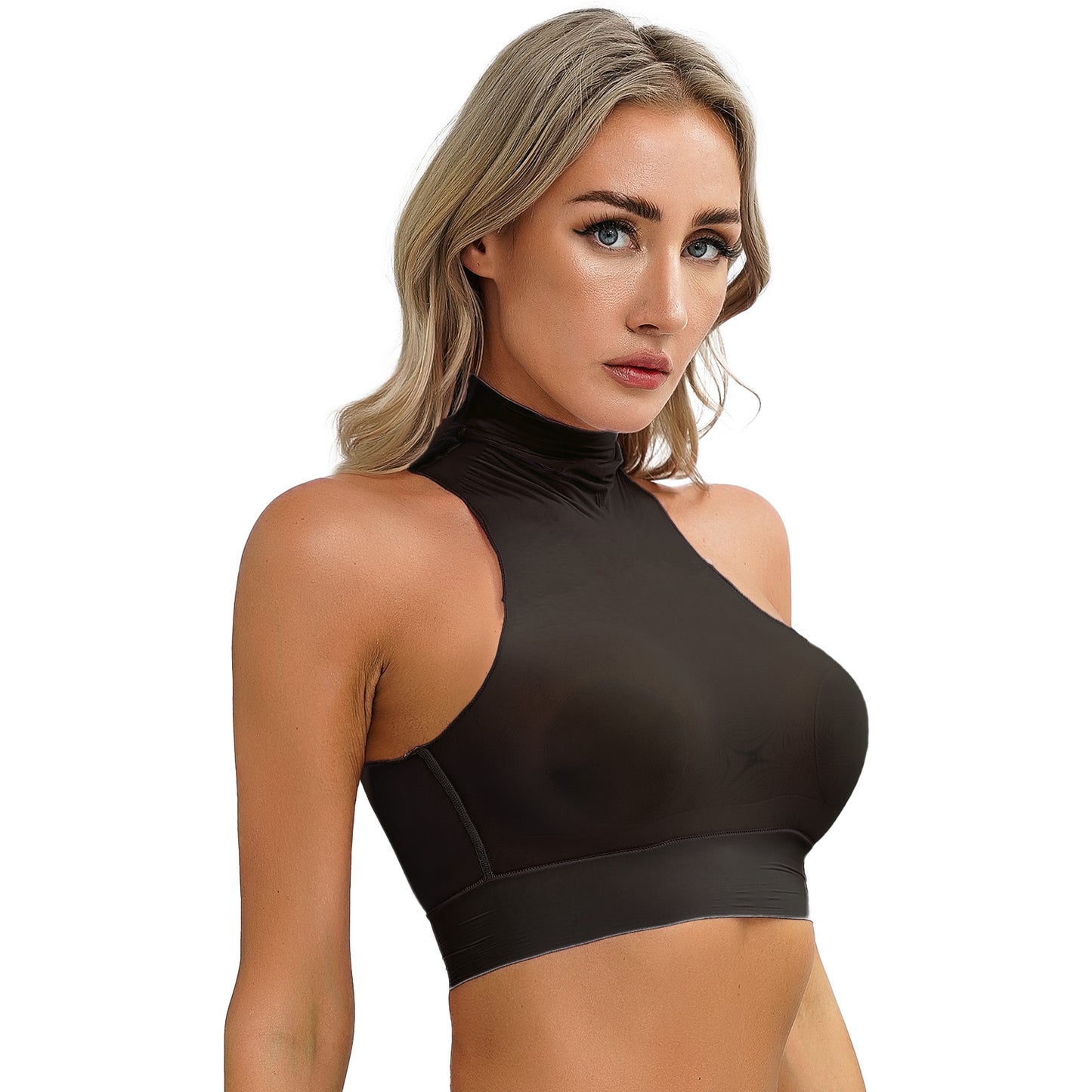 Womens Glossy Crop Tops Mock Neck Sleeveless Sheer See-Through Slim Fit Vest Tops for Swimwear Pool Party Clubwear Nightwear