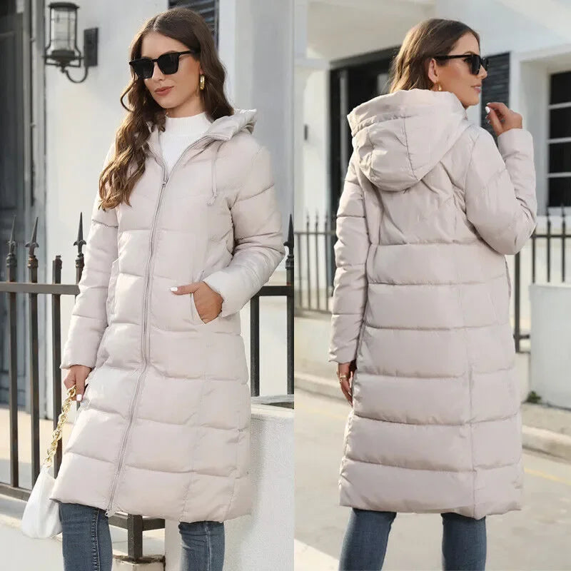 Women's Winter Long Parka Solid Color Thick Warm Hooded Cotton-padded Jacket Fashion Street Long Down Cotton-padded Jacket