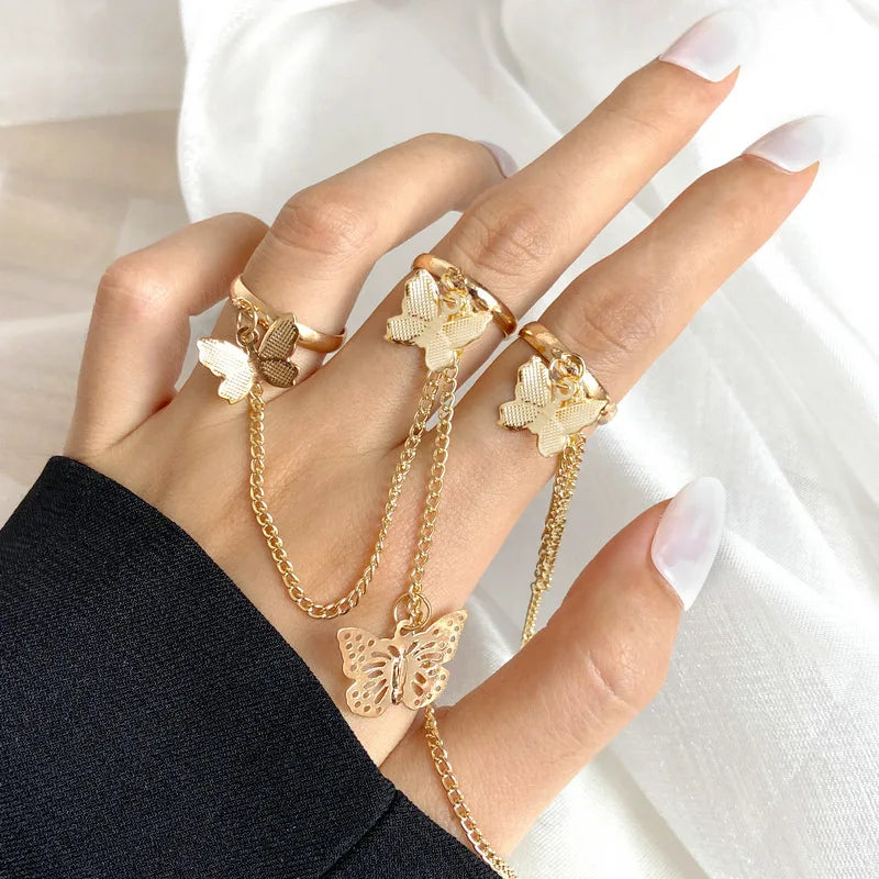 New Fashion Chain Link Ring Full Rhinestone Vintage Flower Double Finger  For Women Girl Party Jewelry Gift Accessories