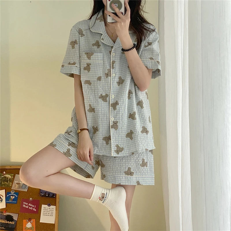 Women's Pajamas New Summer Short Sleeve Soft Sleepwear Set Grid Cartoon Printed Pyjama Woman Home Nightwear Set Cardigan