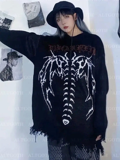 AltGoth Harajuku Cyber Y2k Gothic Sweater Women Streetwear Grunge Emo Alt Skeleton Long Sleeve Loose Casual Knitted Pullovers