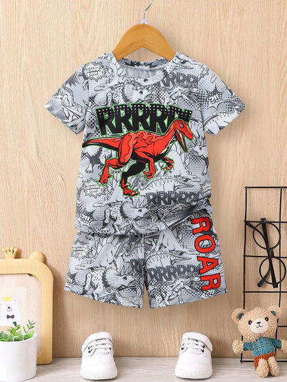 Summer Boys' Suit T-Shirt Tops Shorts Dinosaur Print Casual Fashion Children's Clothing 4-7y