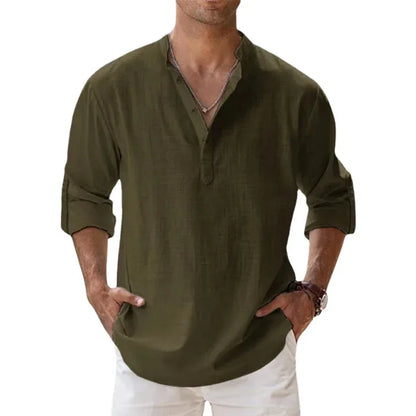 New Men's Linen Long Sleeve T-Shirts Breathable Shirt Solid Color Casual Basic Cotton Linen Shirt Tops