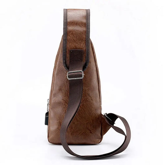 USB data cable charging chest bag casual fashion shoulder bag PU outdoor sports men's bag