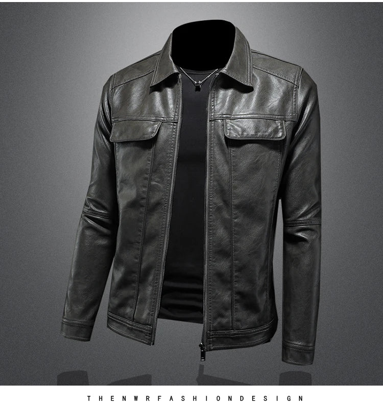 Men's Jacket Spring and Autumn Handsome Solid Color Collar Motorcycle Leather Coat Slim Fashion Leather Jacket M-5XL