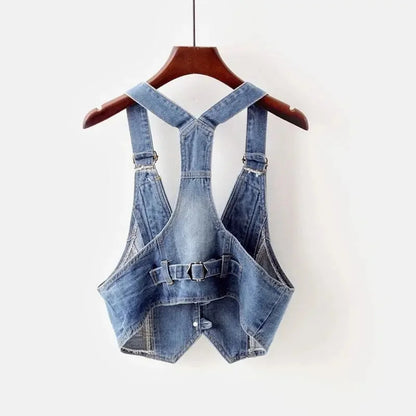 2024 Summer Vintage Sling Denim Vest Women Waistcoat Casual Cowboy Sleeveless Jacket Korean Slim Short Jeans Vests Coat