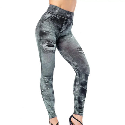 Yoga Pants Multi Pockets Skinny Imitation Jeans Leggings Hip Lifting Ripped Holes Print Mid Waist Elastic Pants For Sports