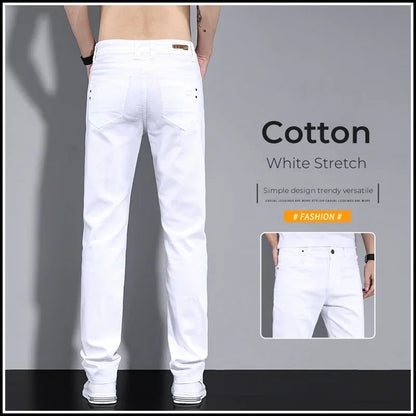 2024 New Men's Pure White Slim Casual Pants Brand Clothing Stretch Straight Gentleman's Suit Long Trousers Classic Style Male