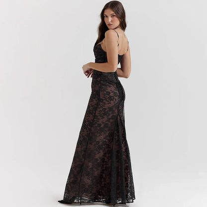 Mingmingxi Summer Long Lace Maxi Formal Occasion Dress Black Lace Up Elegant Event Dresses 2 Pieces Set Women's Clothing