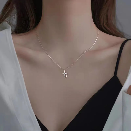 Classic 925 Sterling Silver Cross Necklace Shiny Cross Small Pendant Charm Clavicle Chain Ladies Fine Jewelry