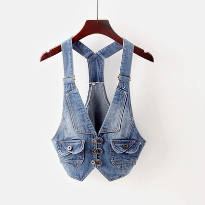 2024 Summer Vintage Sling Denim Vest Women Waistcoat Casual Cowboy Sleeveless Jacket Korean Slim Short Jeans Vests Coat