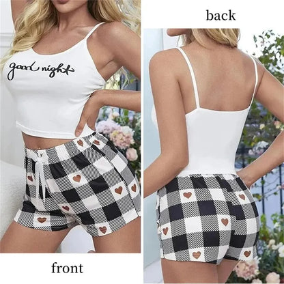 Summer Women's Sexy Camisole Pajama Set Women's Printed Letter Top Paired with Checkered Printed Shorts Home Pajama Set