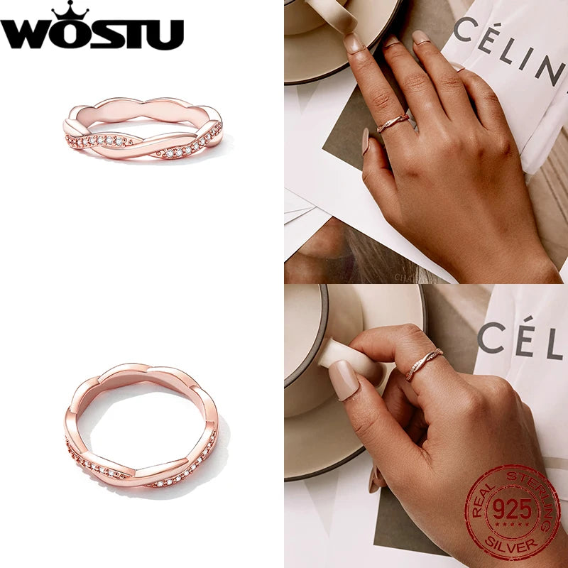 WOSTU 925 Sterling Sliver Wedding Rings 14K Gold Plated Cubic Zirconia Twisted Rope Eternity Band Ring for Women Size 6 7 8 R248