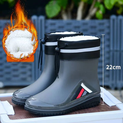 New Fashion Rain Boots for Men Mid-calf Non-slip Waterproof Rain Boots Car Washing Fishing Leisure Work Rubber Shoes with Cotton