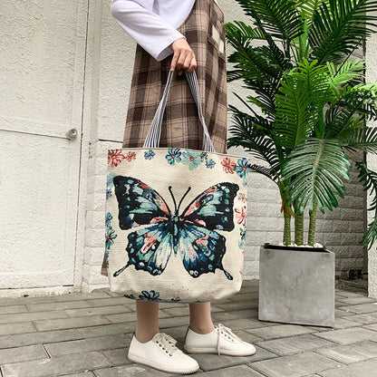 Summer Women's Canvas Cartoon Graffiti Printing Handbag Large Capacity Shoulder Beach Bag Fashion Folding Ladies Casual Tote Bag