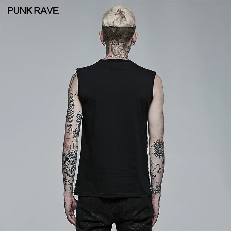 PUNK RAVE Men's Punk Style Daily Stylish Mesh V-neck Short Sleeve T-shirt Men Tank Casual Tops Spring and Summer Tees