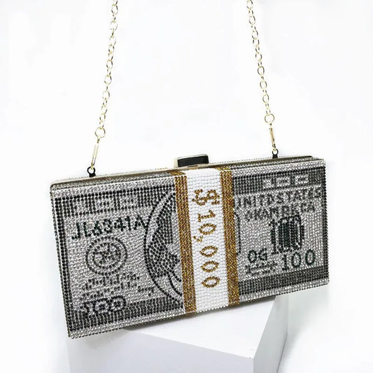 Creative Fashion New Money Clutch Rhinestone Purse 10000 Dollars Stack Bags of Cash Evening Handbags Shoulder Wedding Dinner Bag