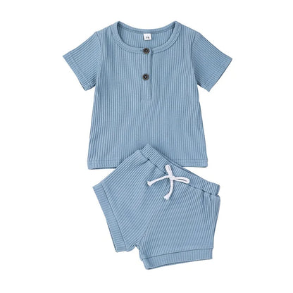 Cotton Casual Summer Newborn Baby Boys Girls Outfits Suit Ribbed Knitted Short Sleeve T-shirts Tops+Shorts 2Pcs Kids Tracksuits