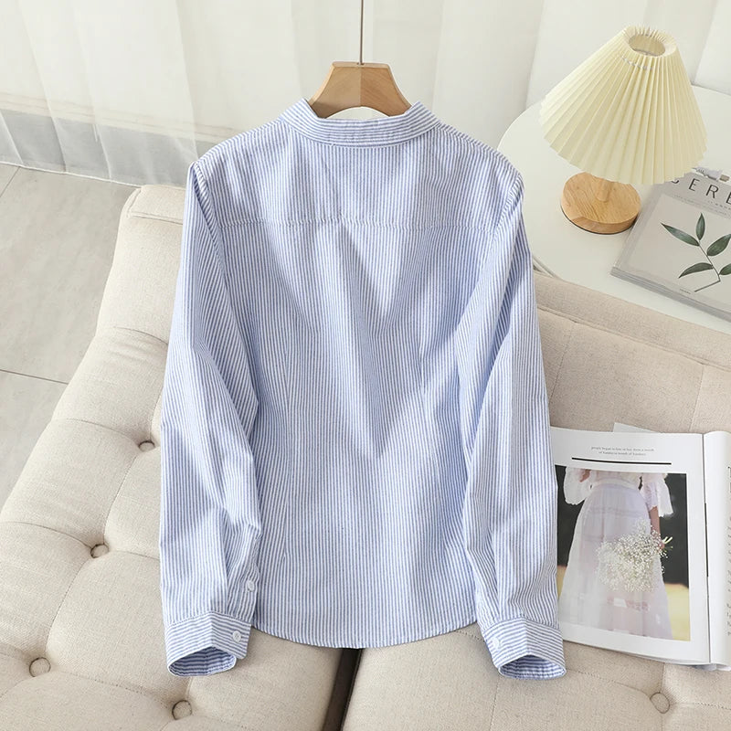 Women's Casual Cotton Oxford Shirt 2023 New Woman Striped Blouse and Tops Simple Solid Lady White Blue Shirts Clothes