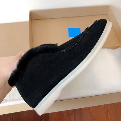 Women's Ankle Boots Black Boots Cow Suede Natural Fur Winter Boots Loafers Women's Slip-On Snow Boots