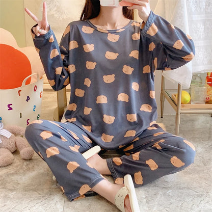 2PCS/Set Women's Clothes Spring and Fall Pajamas Long-Sleeved Cartoon Cute Sweet Floral Young Girl Homewear Outside Loungewear