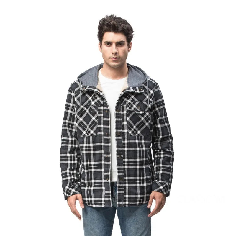 Men Winter Plaid Shirts Coats Hooded Fleece Jackets Harajuku Lg Sleeonve LoosCae sual Shirts Jackets European Style Size S-2XL