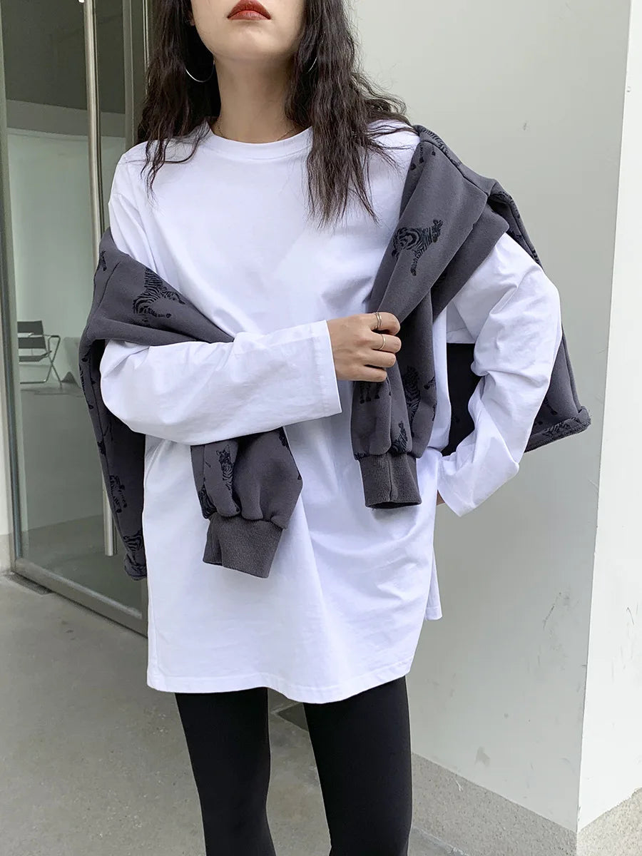 Women's Solid Color Split Long-Sleeved T-Shirt 2024 Korean Spring And Autumn New Ladies Casual Loose Tops Bottoming White Shirts