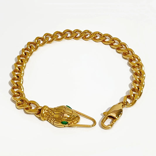 Peri'sBox Gold Color Green Eyes Snake Head Chain Bracelet For Women Punk Hip Hop Chunky Chain Bracelet Titanium Steel Jewelry