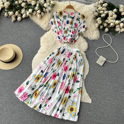 New Summer Runway Pleats Floral Print Two Piece Set Women Half High Collar Stretch Top+Elastic Waist Long Pleated Skirt Outfits