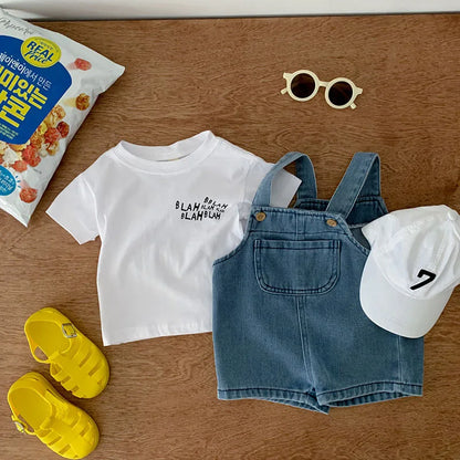 MILANCEL 2024 Summer Toddler Baby Clothing Set Girls T-shirt Suit Infant Solid Tee and Denim Overall Shorts Boys Outfit