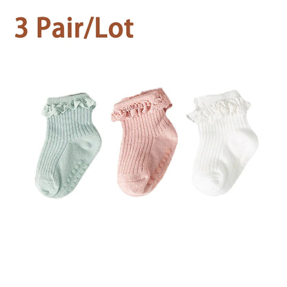 3/5Pair/Lot New Baby Children's Non-slip Autumn Winter Cotton Socks Solid Color Baby Foot Socks Girls Breathable Ruffled Socks