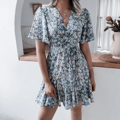 Summer 2024 new style women floral dress bubble sleeve French retro V-neck high-end chic design A-line skirt girls short dress