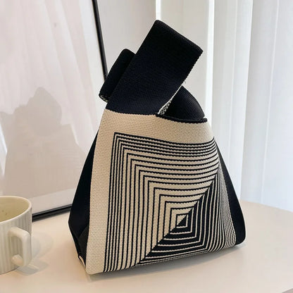 Colorblock Stripes Graphic Crochet Bag Fashion Tote Handbag Women's Knitting Wrist Bag