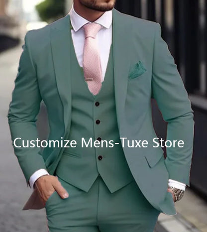 Pink Luxury Men's Suits Terno Formal Outfits 3 Piece Jacket Pants With Vest Slim Fit Luxury Costume Homme Formal Occasion Terno