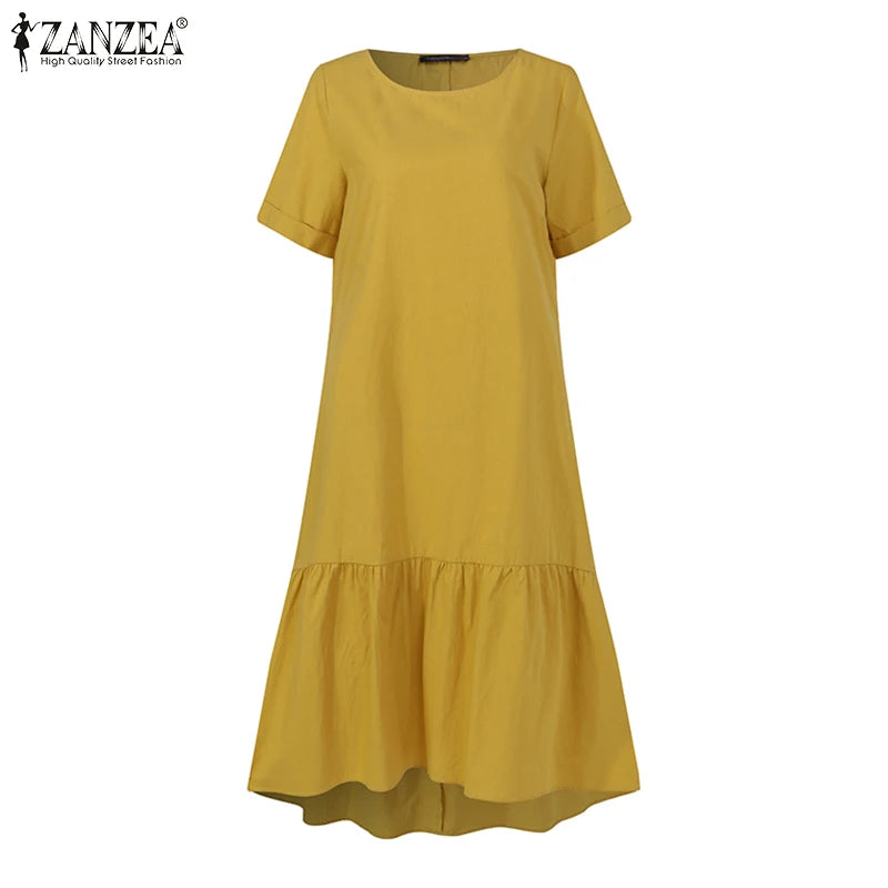 ZANZEA Women Cotton Dresses 2024 Summer Elegant Mid-calf Vestidos Casual Solid Color Short Sleeve Sundress Female O Neck Robe