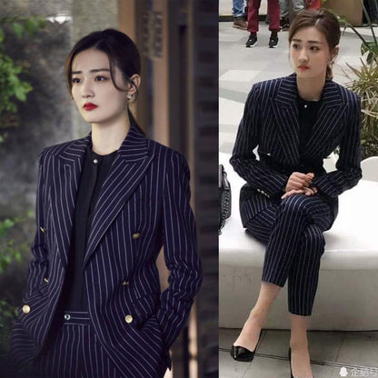 Women's Graceful Casual Blazer Long Pants 2 Piece Set Korean Elegant Stripe Button Coat High Waist Trousers Outfit Work Jacket