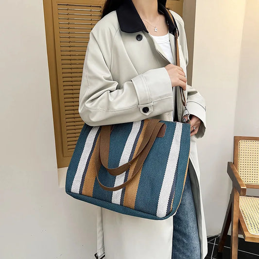 Big Bag Women 2023 New Fashion Striped Canvas Bag Commuter Tote Bag Fashion Single Shoulder Crossbody Mommy Bag