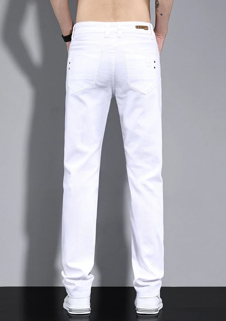 2024 New Men's Pure White Slim Casual Pants Brand Clothing Stretch Straight Gentleman's Suit Long Trousers Classic Style Male