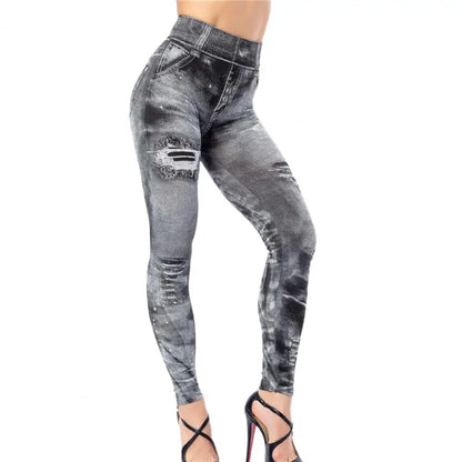 Yoga Pants Multi Pockets Skinny Imitation Jeans Leggings Hip Lifting Ripped Holes Print Mid Waist Elastic Pants For Sports