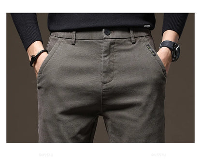 Brand Clothing Winter Fleece Warm Casual Pants Men Cotton Elastic Waist Brown Grey Twill Work Slim Flocking Cargo Trousers Male