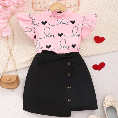 Two Piece Summer Girl Cute Love Print Casual Fashion Tight Fitting Short Sleeved Skirt Princess Casual Party Birthday Party Set