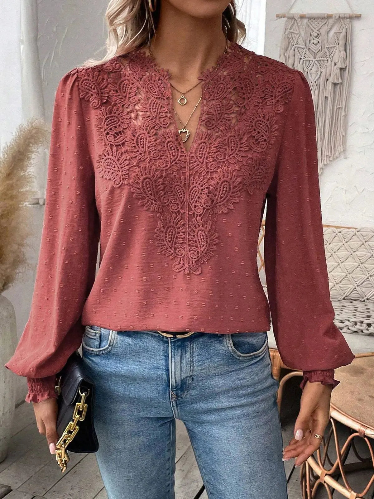 Women's Clothing 2024 Autumn Sexy V-neck Fashionable Lace Patchwork Polyester Solid Color Shirt Long Sleeved Shirt