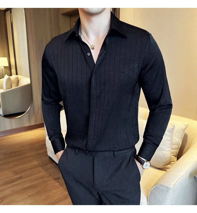 Luxury Korean Pleated Stripe Shirts For Men's High Quality Long Sleeve Slim Fit Casual Shirt Formal Social Party Tuxedo 4XL-M