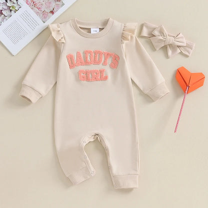 Spring Autumn Newborn Baby Girls Rompers Clothes Letter Embroidered Crew Neck Long Sleeve Jumpsuits Headband Long Pants Overalls