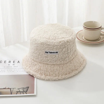 Winter Girl Boy Bucket Hat Cute Lamb Wool Letter Kids Fisherman Hat Solid Flat Top Hats Children Outdoor Thick Warm Sun Cap