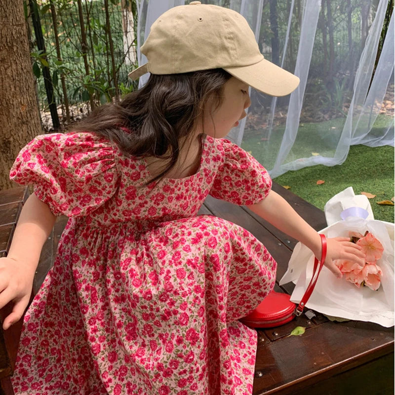 Girls' Dress Flower Solid Color Square Neck Puff Sleeve Dress Sweet Princess Dress 2023 Summer New Fashion Children's Clothing