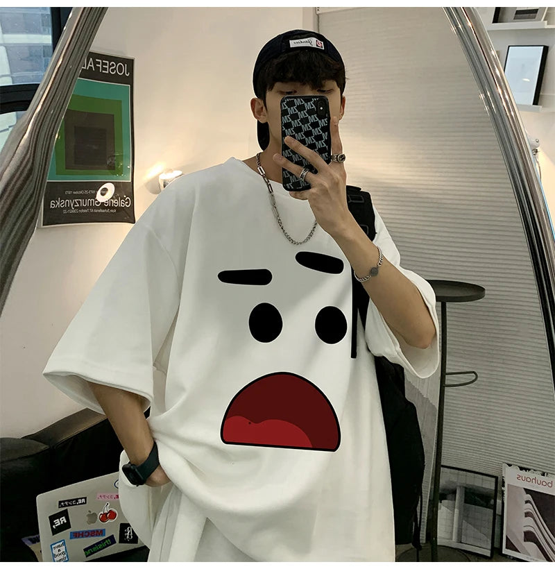 Men's Cotton Oversized T-shirts 5XL Mens T Shirt Casual Summer Wear Emote Fashion Print White Tee Shirts for Men Clothing