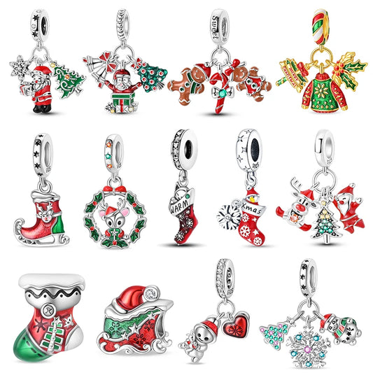 925 Silver Christmas Series Sock Snowman Elk Bell Pendant Fit Original Bracelet Charm Beads Necklace DIY Female Jewelry